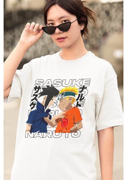Oversize Naruto And Sasuke Baskılı T-Shirt, Unisex Anime Baskılı Tişört modelleri