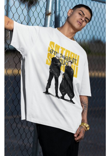 Oversize Jjk Gojo Satoru ve Suguru Geto Baskılı T-Shirt, Unisex Anime Baskılı Tişört fiyatları