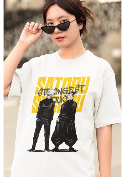 Oversize Jjk Gojo Satoru ve Suguru Geto Baskılı T-Shirt, Unisex Anime Baskılı Tişört modelleri