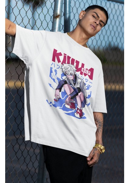 Oversize Hunter x Hunter Killua Ex V2 Baskılı T-Shirt, Unisex Anime Baskılı Tişört