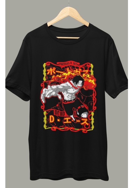 Oversize Portgas D. Ace Baskılı T-Shirt, Unisex Anime Baskılı Tişört