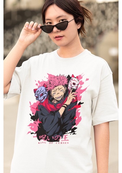 Oversize Jjk Sukuna King Of Curses Baskılı T-Shirt, Unisex Anime Baskılı Tişört modelleri