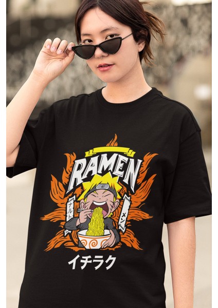 Oversize Ramen Naruto Baskılı T-Shirt, Unisex Anime Baskılı Tişört modelleri