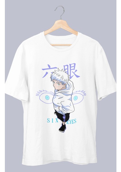 Oversize Jujutse Kaisen Six Eyes Gojo Baskılı T-Shirt, Unisex Anime Baskılı Tişört
