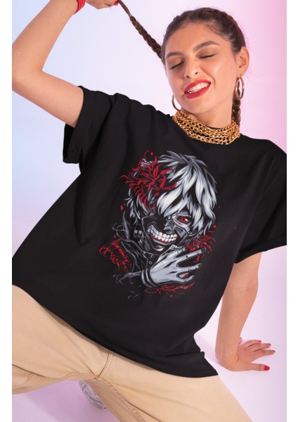 Oversize Tokyo Ghoul Kaneki Ken Baskılı T-Shirt, Unisex Anime Baskılı Tişört modelleri