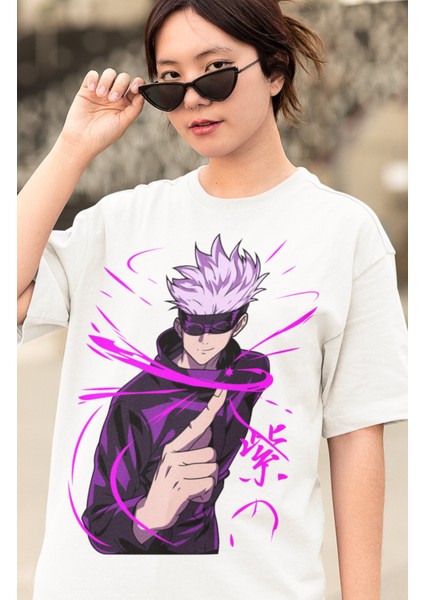 Oversize Jjk V2 Gojo Satoru Baskılı T-Shirt, Unisex Anime Baskılı Tişört modelleri