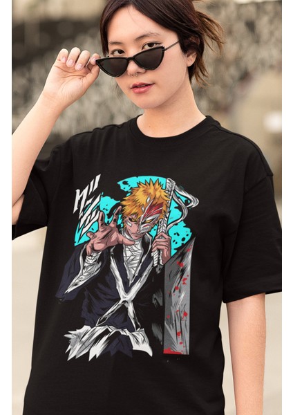 Oversize Bleach Ichigo Kurosaki V2 Baskılı T-Shirt, Unisex Anime Baskılı Tişört modelleri
