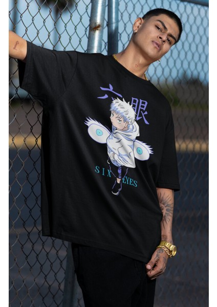 Oversize Jujutse Kaisen Six Eyes Gojo Baskılı T-Shirt, Unisex Anime Baskılı Tişört fiyatları