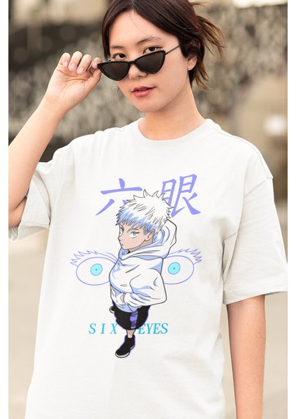 Oversize Jujutse Kaisen Six Eyes Gojo Baskılı T-Shirt, Unisex Anime Baskılı Tişört modelleri