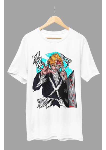 Oversize Bleach Ichigo Kurosaki V2 Baskılı T-Shirt, Unisex Anime Baskılı Tişört