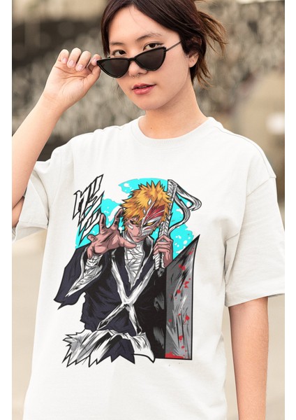 Oversize Bleach Ichigo Kurosaki V2 Baskılı T-Shirt, Unisex Anime Baskılı Tişört modelleri