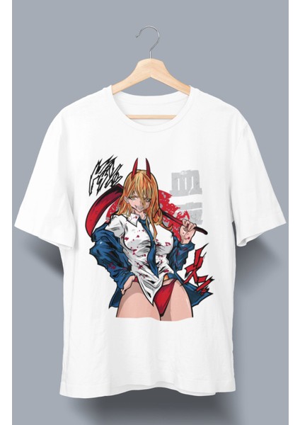 Oversize Chainsaw Man Power Versiyon 2 Baskılı T-Shirt, Unisex Anime Baskılı Tişört