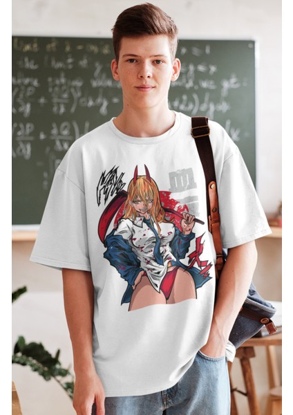 Oversize Chainsaw Man Power Versiyon 2 Baskılı T-Shirt, Unisex Anime Baskılı Tişört fiyatları