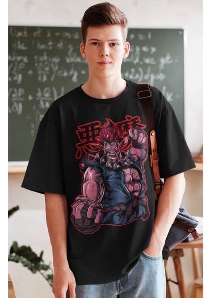 Oversize Street Fighter Akuma Kanji Baskılı T-Shirt, Unisex Anime Baskılı Tişört fiyatları