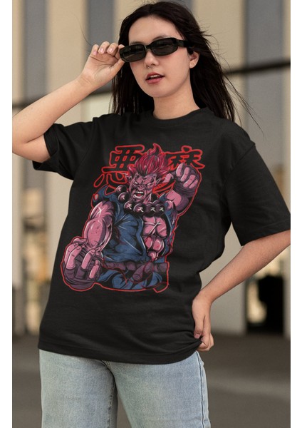 Oversize Street Fighter Akuma Kanji Baskılı T-Shirt, Unisex Anime Baskılı Tişört modelleri