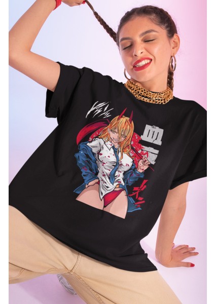 Oversize Chainsaw Man Power Versiyon 2 Baskılı T-Shirt, Unisex Anime Baskılı Tişört