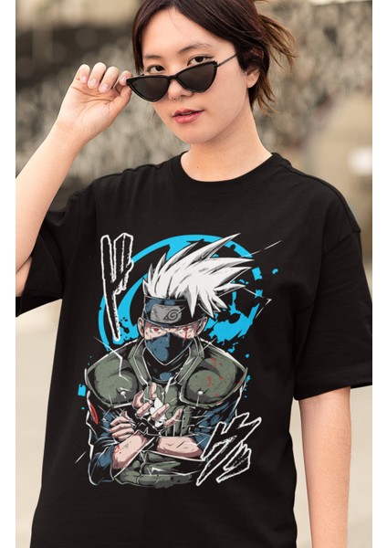 Oversize Kakashi Chidori Baskılı T-Shirt, Unisex Anime Baskılı Tişört modelleri