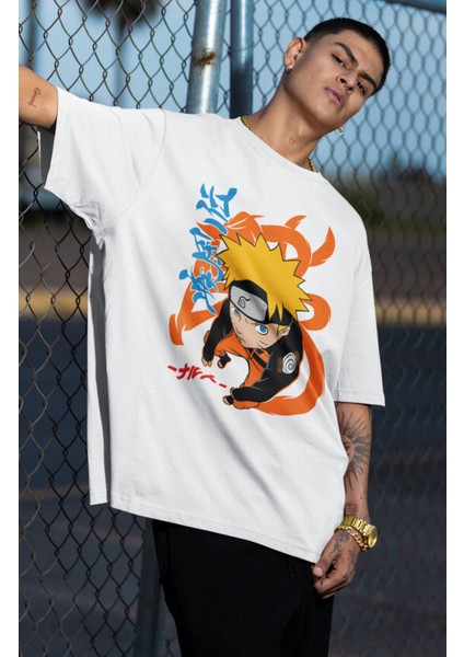 Oversize Naruto Vektörel Baskılı T-Shirt, Unisex Anime Baskılı Tişört fiyatları