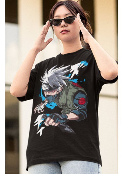 Oversize Naruto Kakashi Hatake Baskılı T-Shirt, Unisex Anime Baskılı Tişört modelleri