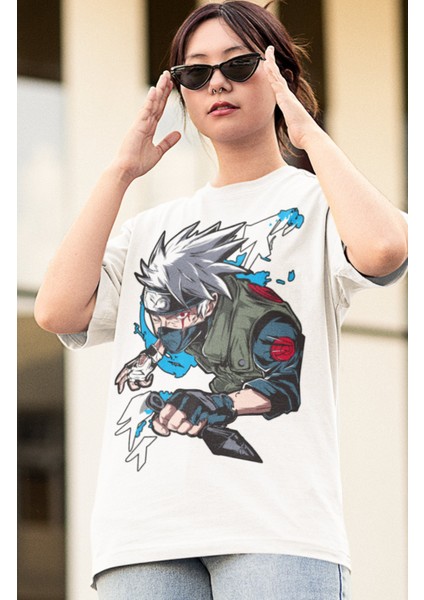 Oversize Naruto Kakashi Hatake Baskılı T-Shirt, Unisex Anime Baskılı Tişört modelleri