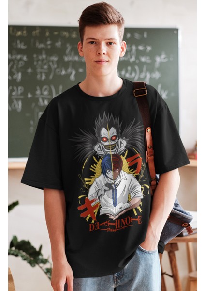 Oversize Death Note Ryuk ve Yagami Light-L Baskılı T-Shirt, Unisex Anime Baskılı Tişört fiyatları