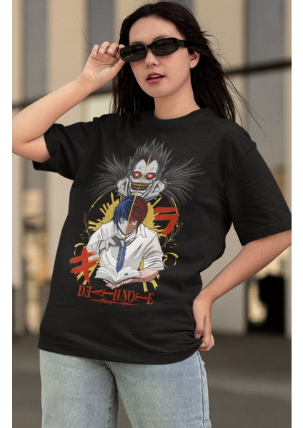 Oversize Death Note Ryuk ve Yagami Light-L Baskılı T-Shirt, Unisex Anime Baskılı Tişört modelleri