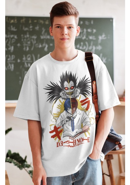 Oversize Death Note Ryuk ve Yagami Light-L Baskılı T-Shirt, Unisex Anime Baskılı Tişört fiyatları