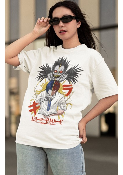 Oversize Death Note Ryuk ve Yagami Light-L Baskılı T-Shirt, Unisex Anime Baskılı Tişört modelleri