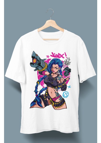 Oversize League Of Legends Jinx Baskılı T-Shirt, Unisex Anime Baskılı Tişört
