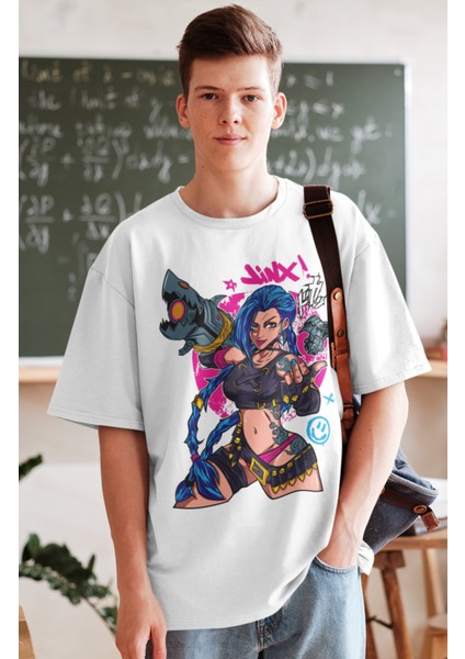 Oversize League Of Legends Jinx Baskılı T-Shirt, Unisex Anime Baskılı Tişört fiyatları