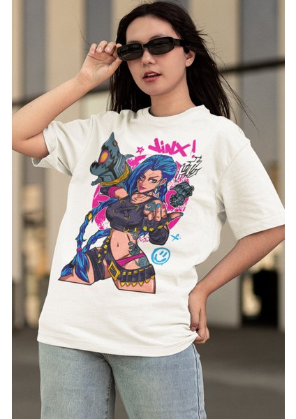 Oversize League Of Legends Jinx Baskılı T-Shirt, Unisex Anime Baskılı Tişört modelleri