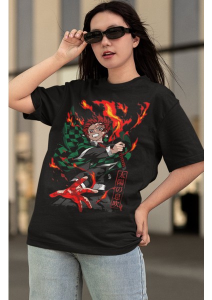 Oversize Demon Slayer Kamado Tanjiro 2 Baskılı T-Shirt, Unisex Anime Baskılı Tişört modelleri