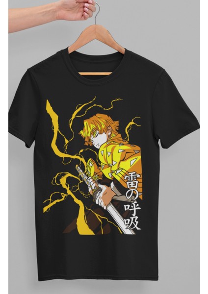 Oversize Demon Slayer Zenitsu Karakteri Baskılı T-Shirt, Unisex Anime Baskılı Tişört