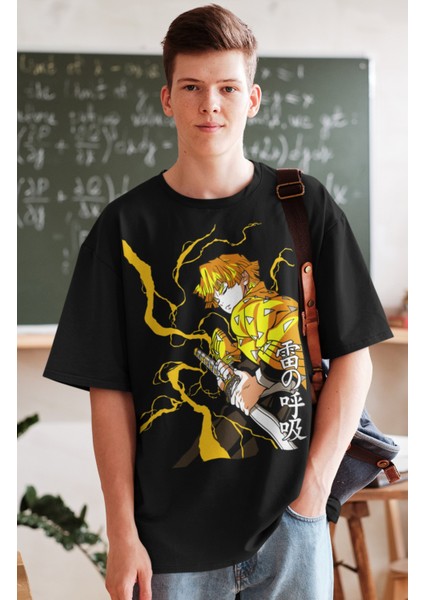 Oversize Demon Slayer Zenitsu Karakteri Baskılı T-Shirt, Unisex Anime Baskılı Tişört fiyatları
