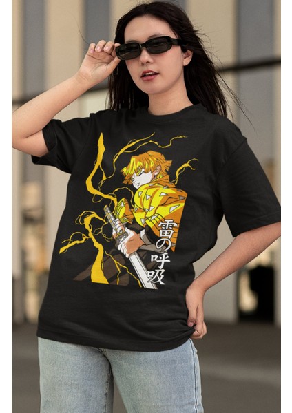 Oversize Demon Slayer Zenitsu Karakteri Baskılı T-Shirt, Unisex Anime Baskılı Tişört modelleri