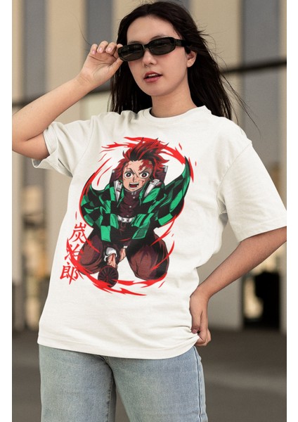 Oversize Demon Slayer Tanjiro Kamado Baskılı T-Shirt, Unisex Anime Baskılı Tişört modelleri
