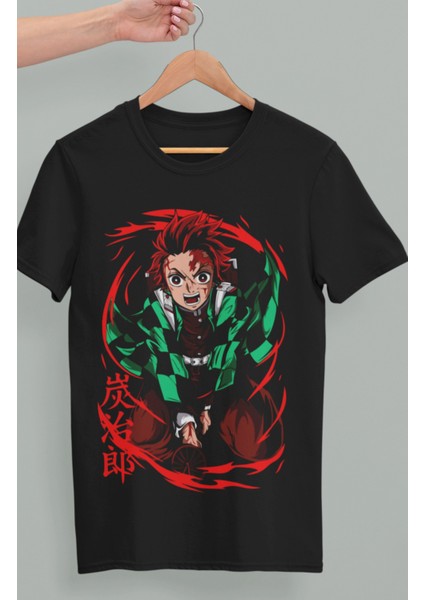 Oversize Demon Slayer Tanjiro Kamado Baskılı T-Shirt, Unisex Anime Baskılı Tişört