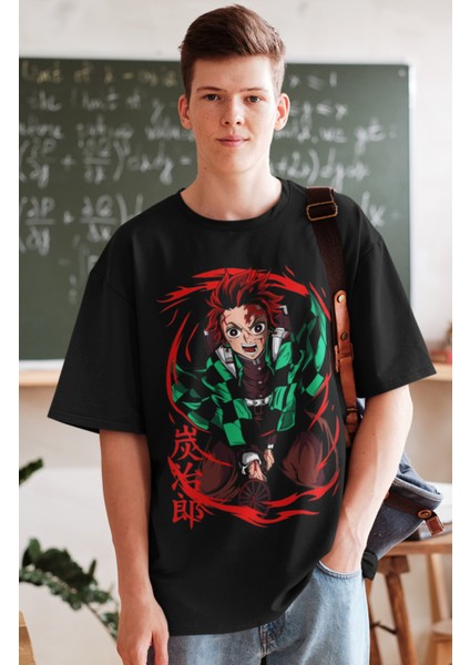 Oversize Demon Slayer Tanjiro Kamado Baskılı T-Shirt, Unisex Anime Baskılı Tişört fiyatları