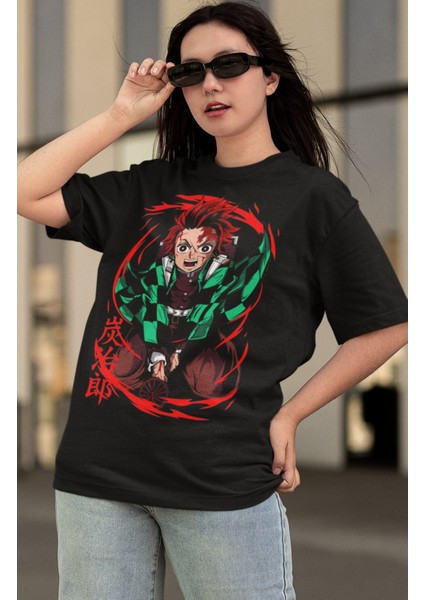 Oversize Demon Slayer Tanjiro Kamado Baskılı T-Shirt, Unisex Anime Baskılı Tişört modelleri