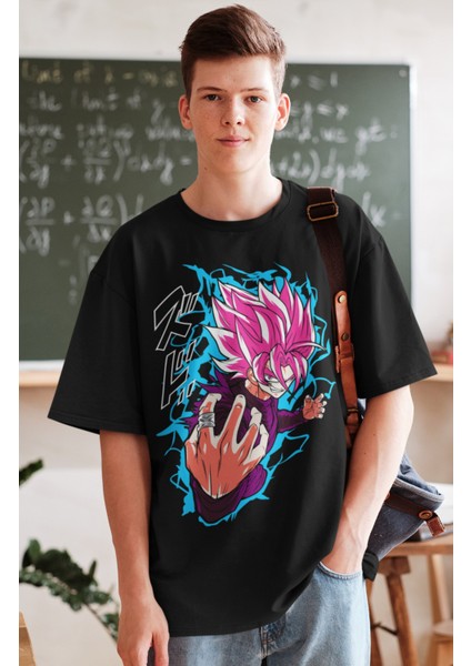 Oversize Dragon Ball Evil Goku Baskılı T-Shirt, Unisex Anime Baskılı Tişört