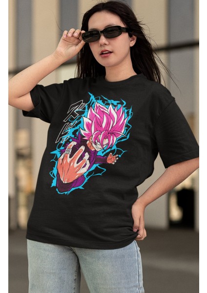 Oversize Dragon Ball Evil Goku Baskılı T-Shirt, Unisex Anime Baskılı Tişört