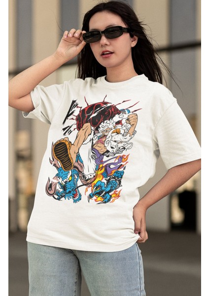 Oversize Luffy Vs Kaido Baskılı T-Shirt, Unisex Anime Baskılı Tişört modelleri