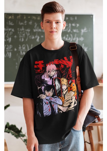 Oversize Chainsaw Man Karakterleri Baskılı T-Shirt, Unisex Anime Baskılı Tişört fiyatları