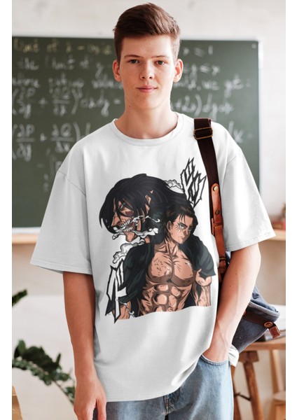 Oversize Attack On Titan Eren Yeager Baskılı T-Shirt, Unisex Anime Baskılı Tişört