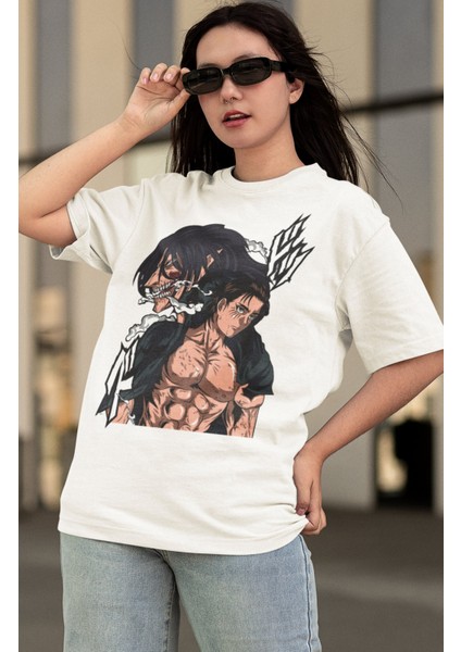 Oversize Attack On Titan Eren Yeager Baskılı T-Shirt, Unisex Anime Baskılı Tişört