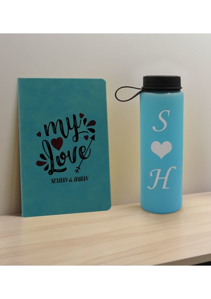 Sevgiliye Özel Isimli Turkuaz Defter ve Cam Matara Hediye Seti-14, Sevgiliye Hediye, Sevgililer Günü, Yeni Iş Hediyesi