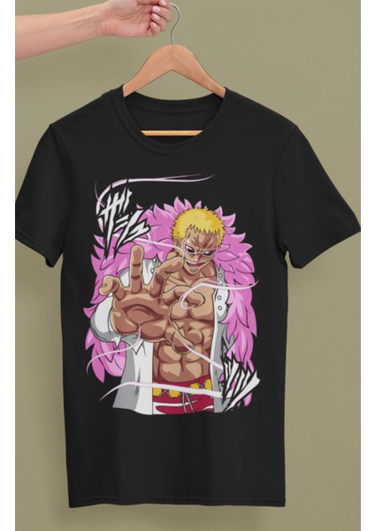 Oversize One Piece Donquixote Doflamingo Baskılı T-Shirt, Unisex Anime Baskılı Tişört