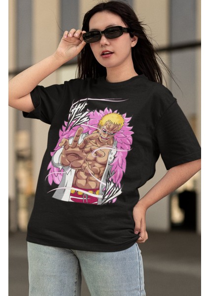 Oversize One Piece Donquixote Doflamingo Baskılı T-Shirt, Unisex Anime Baskılı Tişört modelleri