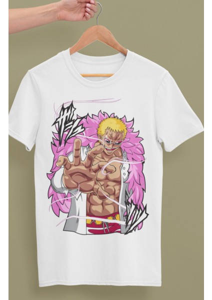 Oversize One Piece Donquixote Doflamingo Baskılı T-Shirt, Unisex Anime Baskılı Tişört