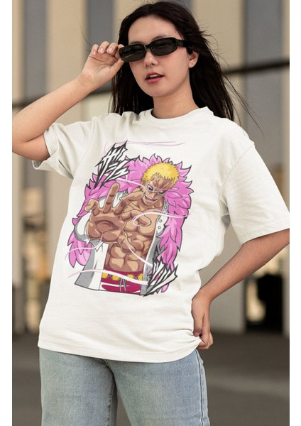 Oversize One Piece Donquixote Doflamingo Baskılı T-Shirt, Unisex Anime Baskılı Tişört modelleri